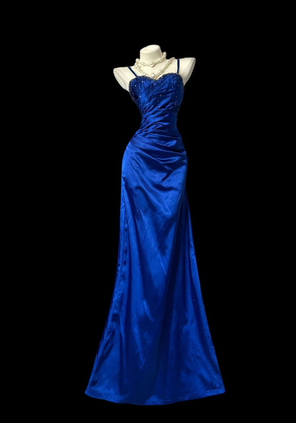 Elegant Spaghetti Straps Lavender Beaded Satin Pleated Mermaid Long Prom Dress Birthday Party Dress SP1752