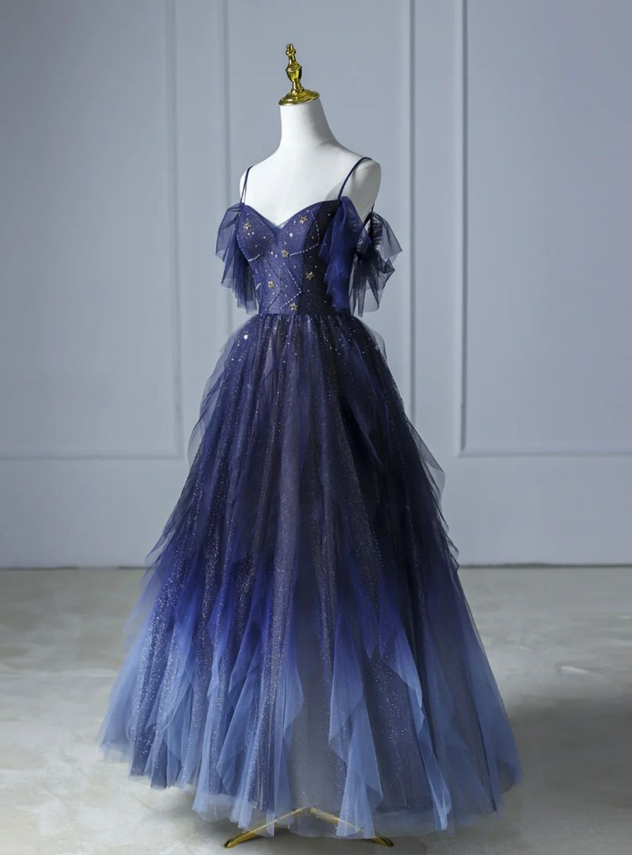 Dark starry sky ombre purple tulle long prom dress purple evening dress Y5847