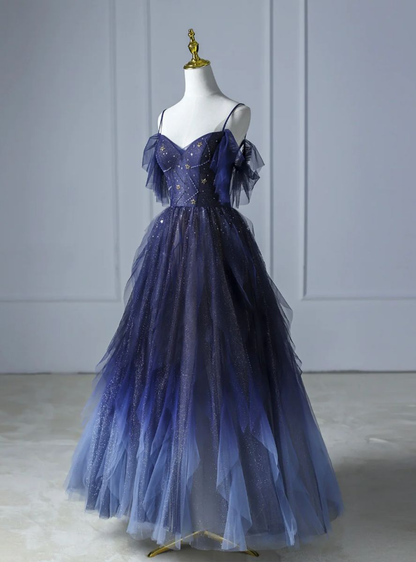 Dark starry sky ombre purple tulle long prom dress purple evening dress Y5847