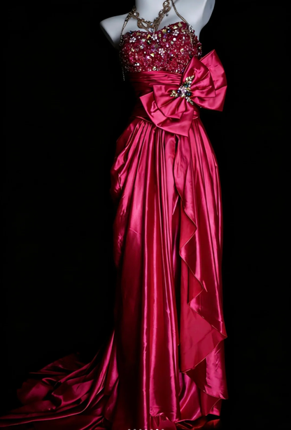 Fashion Hot Pink Satin Beaded Mermaid Long Evening Dress Formal Wedding Guest Dress With Bow SP1844