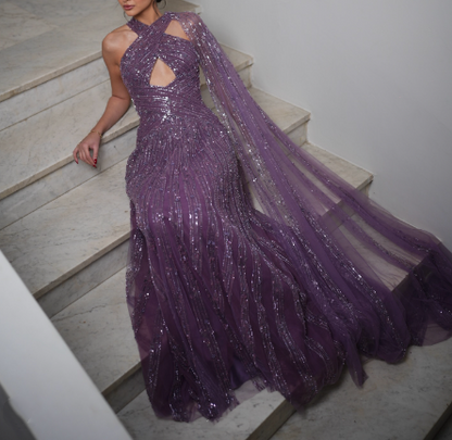 Shiny Purple Tulle Sequin Beaded A Line Long Wedding Guest Dress Formal Birthday Party Dress Evening Dress D1925
