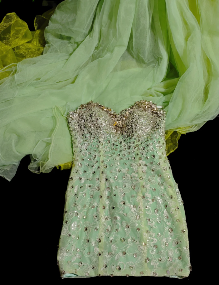 Unique Green Strapless Satin Tulle Beaded Long Birthday Party Dress Prom Gown