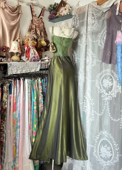 Vintage Spaghetti Straps Olive Green Satin Mermaid Long Evening Dress Formal Wedding Guest Dress SP1712