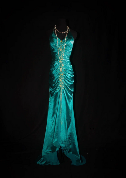Vintage Emerald Green Halter V Neck Satin Beaded Appliques Mermaid Long Wedding Guest Dress,Formal party Dress Birthday Prom Dress D2003