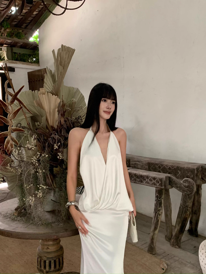 Sexy Halter V Neck White A Line Long Party Dress Formal Backless Evening Gown