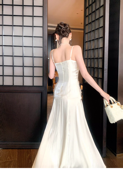 Pretty Spaghetti Straps Light Apricot Satin A Line Long Wedding Guest Dress Formal Birthday Party Dress Prom Gown SP1501