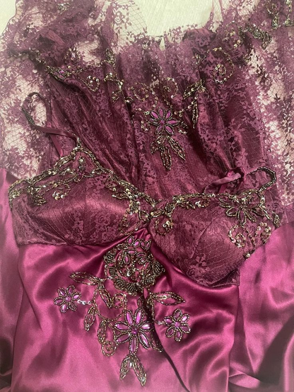 Gorgeous Spaghetti Straps Fuchsia Satin Lace Beaded Mermaid Long Evening Dress Formal Wedding Guest Dress D1887