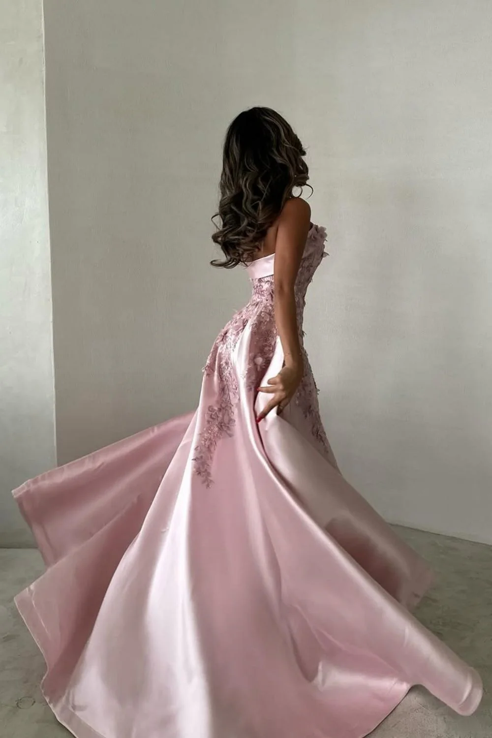 Pretty Pink Strapless Satin Appliques Beaded Formal Prom Dress,Long A Line Party Evening Gown cc2870