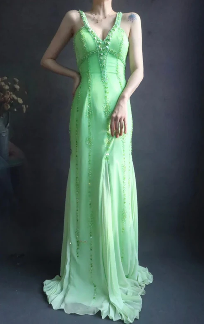 Classy V Neck Green Chiffon Beaded Mermaid Long Party Dress Evening Gown