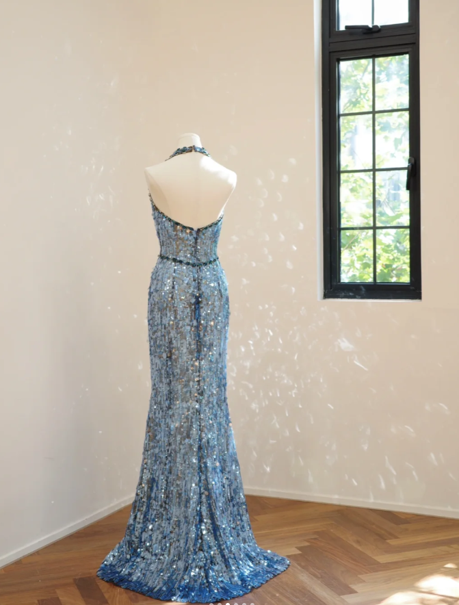 Gorgeous Halter Deep V Blue Sequin Beaded mermaid Long Party Dress Evening Dress D2176