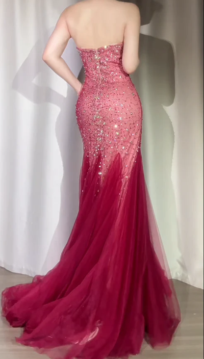 Sparkly Burgundy Strapless Tulle Beaded Mermaid Long Evening Dress Formal Birthday Party Dress D1882
