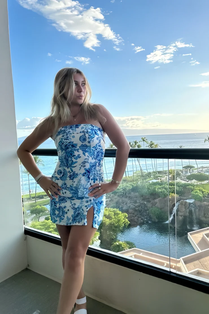 Unique Strapless Blue Satin Print Floral Sheath Short Cocktail Dress Formal Homecoming Dress D144