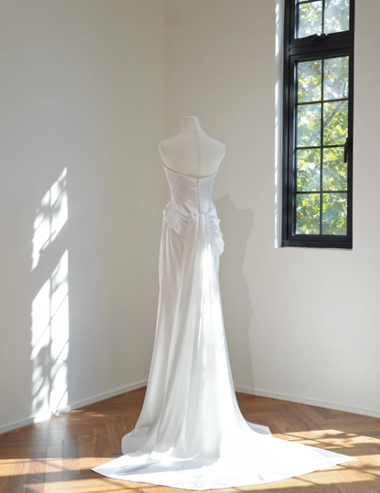 Elegant White Strapless Satin Pleated Mermaid Long Party Dress Birthday Prom Dress D2148