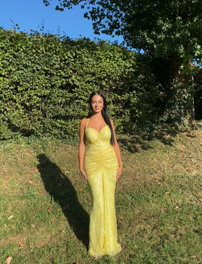 Sparkly Halter Yellow Sequin Pleated Mermaid Long Evening Dress Formal Wedding Guest Dress Party Dress D1974