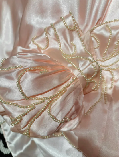 Cute Pink Ball Gown Satin Beaded Long Party Dress Prom Gown With Bow