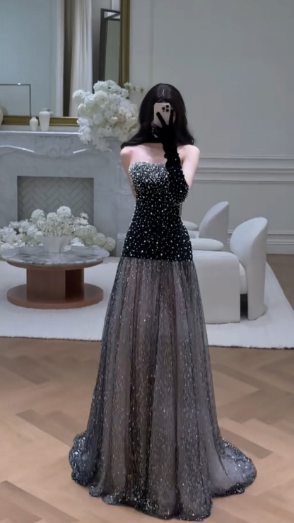 Gorgeous Black Strapless Tulle Beaded Mermaid Evening Dress Long Prom Dresses D1926