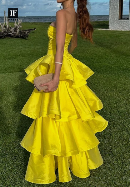 Fashion Yellow Strapless Satin Layered A Line Long Wedding Guest Dress Formal Evening Gown