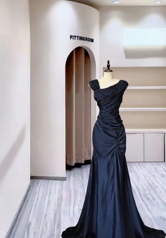 Classy Navy Blue Satin Pleated Mermaid Evening Dress Long Wedding Guest Dress D2388