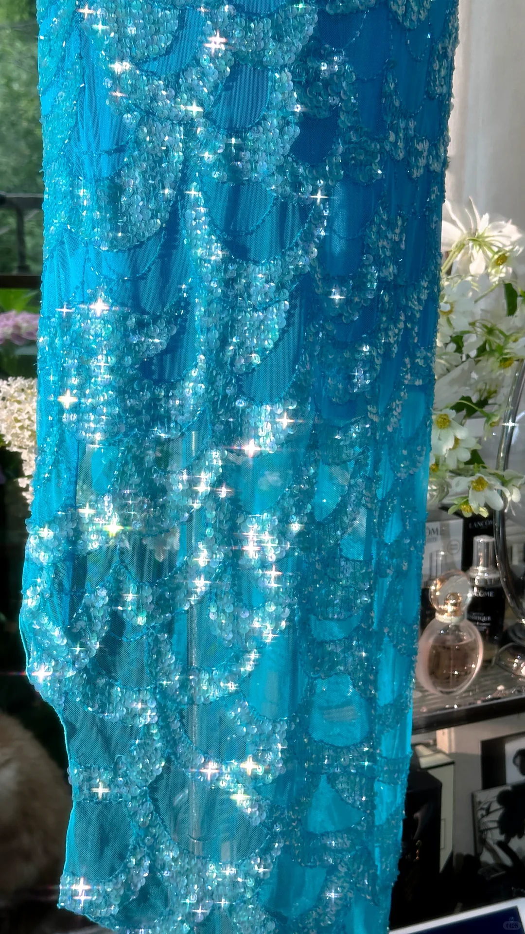 Gorgeous Spaghetti Straps Blue Chiffon Sequin Mermaid Party Dress Long Birthday Prom Gown