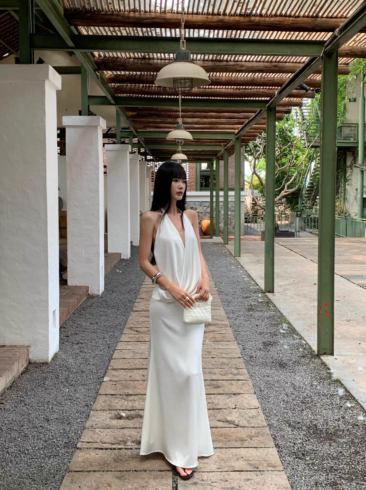 Sexy Halter V Neck White A Line Long Party Dress Formal Backless Evening Gown