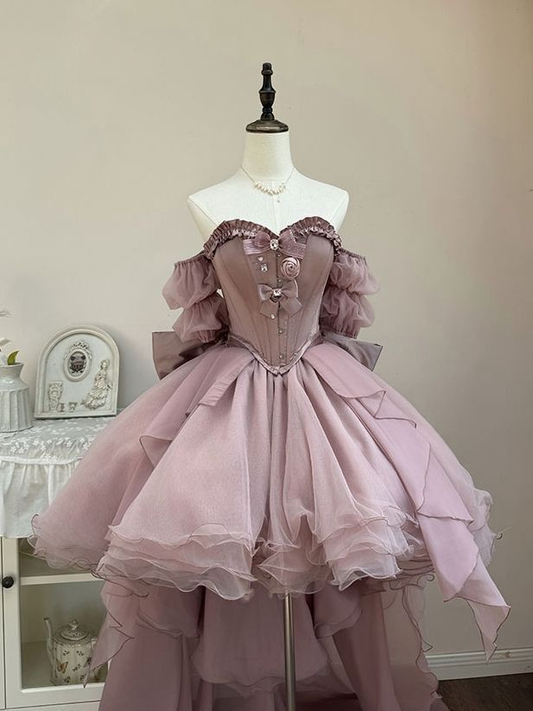 Vintage Purple Chiffon Multi-Layered Homecoming Dress Off The Shoulder Sweetheart Neck Birthday Outfits S445