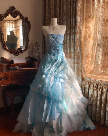 Elegant Blue Strapless Tulle Satin Appliques Long Party Dress Birthday Prom Gown