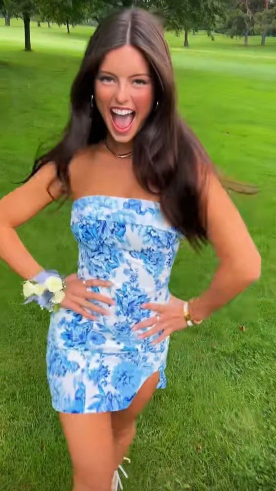 Unique Strapless Blue Satin Print Floral Sheath Short Cocktail Dress Formal Homecoming Dress D144