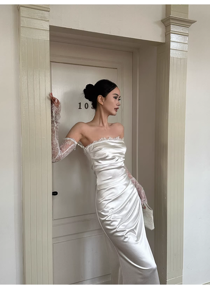 Classy White Off The Shoulder Satin Lace Mermaid Long Wedding Guest Dress Formal Evening Dress Prom Gown