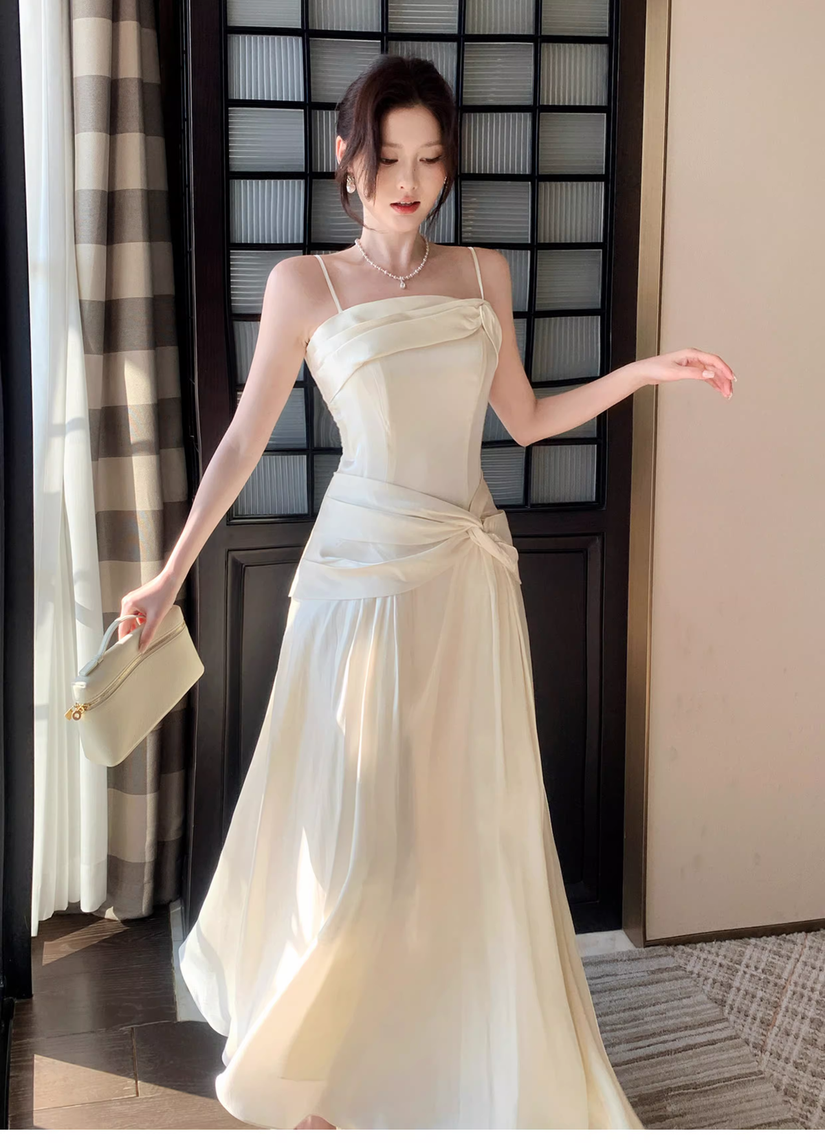 Pretty Spaghetti Straps Light Apricot Satin A Line Long Wedding Guest Dress Formal Birthday Party Dress Prom Gown SP1501