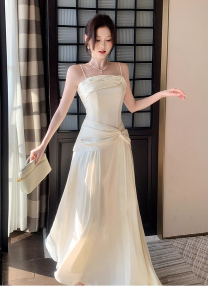 Pretty Spaghetti Straps Light Apricot Satin A Line Long Wedding Guest Dress Formal Birthday Party Dress Prom Gown SP1501