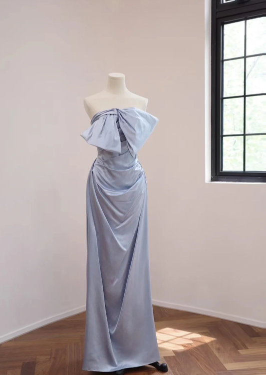 Elegant Bow Strapless Blue Satin Mermaid Long Birthday Party Dress Formal Wedding Guest Dress D2177
