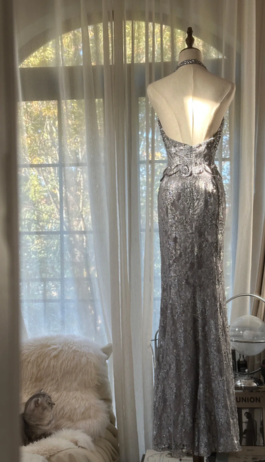 Gorgeous Silver Gray Halter Lace Mermaid Long Party Dress Prom Dresses D2294