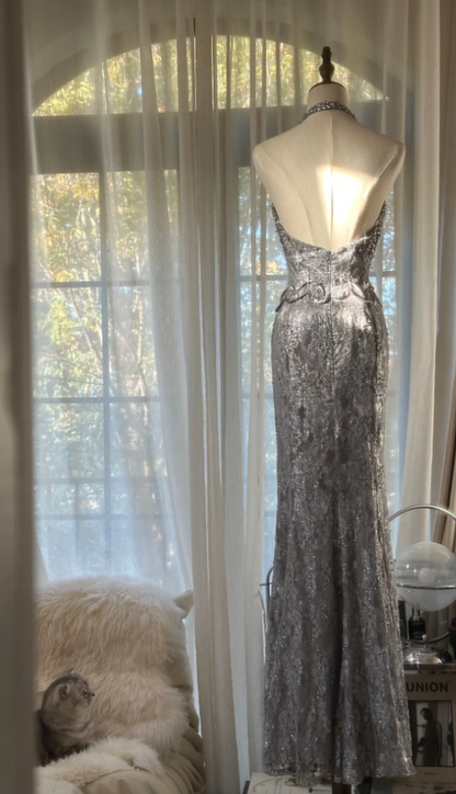 Gorgeous Silver Gray Halter Lace Mermaid Long Party Dress Prom Dresses D2294