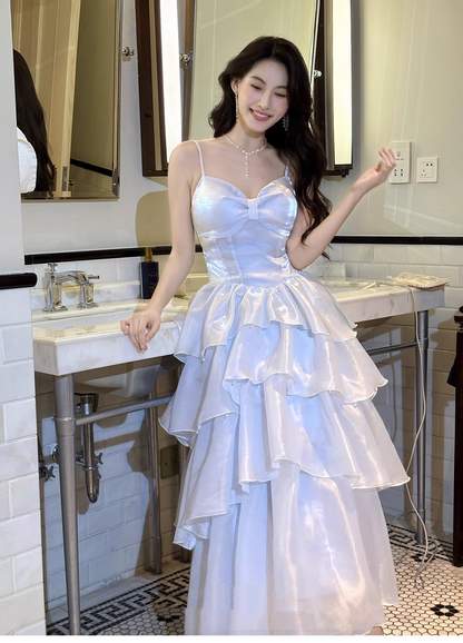 Shiny Spaghetti Straps Sky Blue Organza layered Long Party Dress Formal 21st Birthday Outfits SP1999