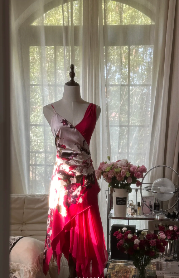 Charming Red V Neck Satin Floral Chiffon Mermaid Long Party Dress Birthday Dress D2298