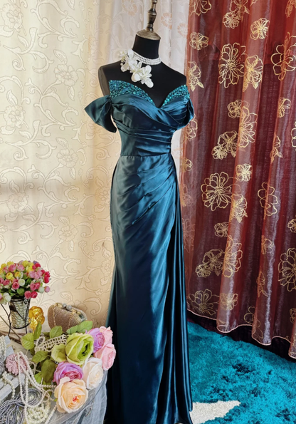 Gorgeous Navy Blue Off The Shoulder Satin Beaded Mermaid Long Evening Dress Formal Birthday Prom Dress SP1886