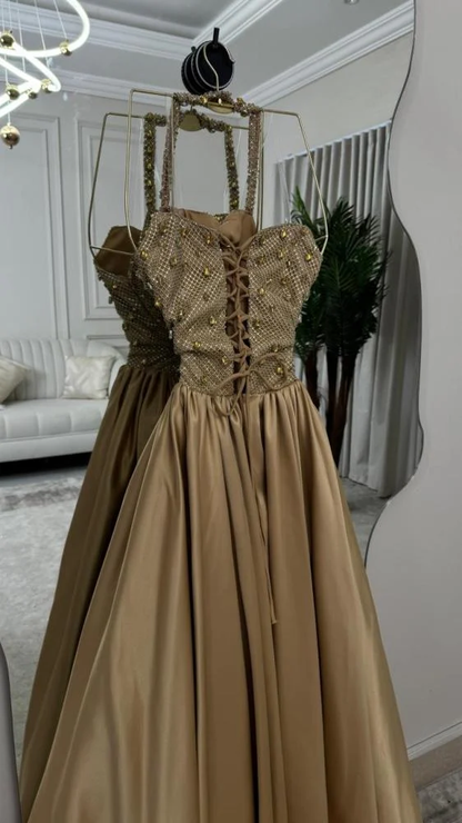 Luxurious Halter Satin Beaded Long Evening Dress Formal Birthday Party Dress D1876