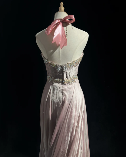 Glamorous Pink Halter Satin Lace Beaded Mermaid Evening Dress Long Birthday Prom Dress Party Gown