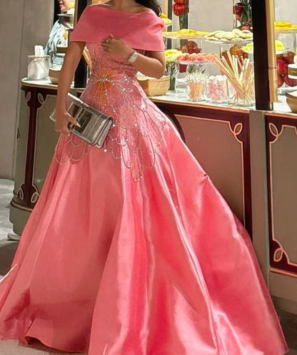 Beautiful Off The Shoulder Pink Sequin Beaded Satin Birthday Prom Dress Evening Gown SP734