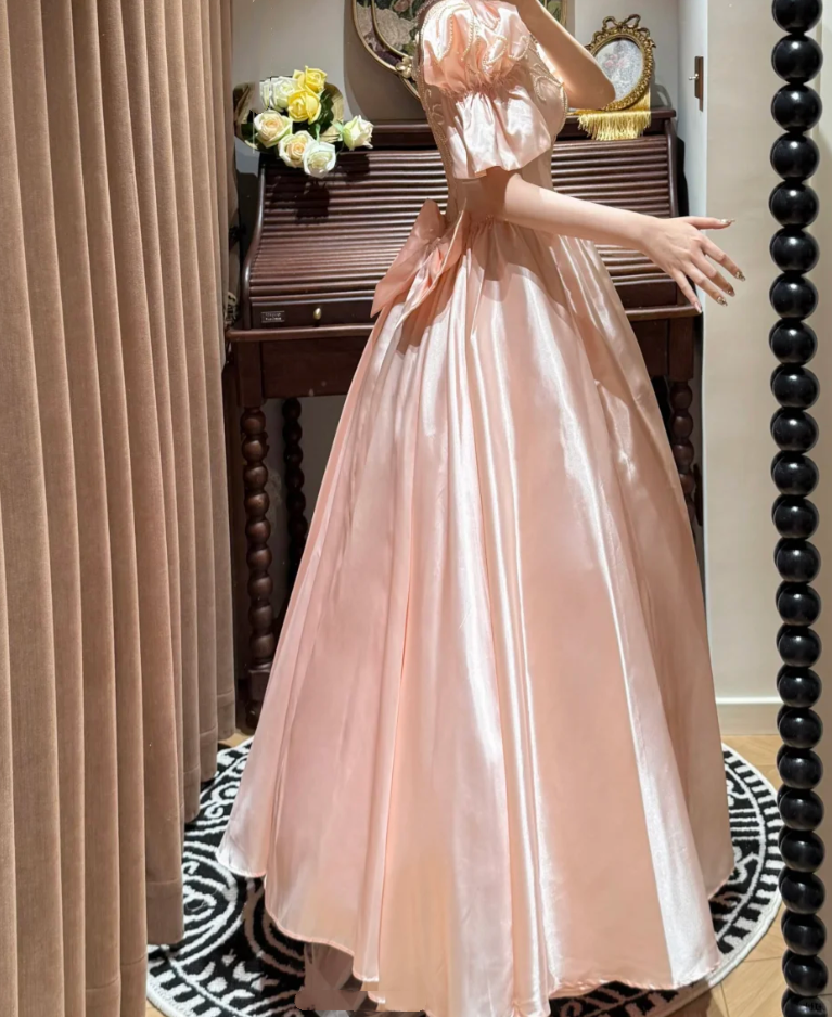 Cute Pink Ball Gown Satin Beaded Long Party Dress Prom Gown With Bow