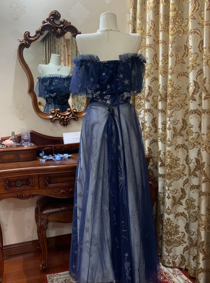 Glamorous Off The Shoulder Tulle A Line Long Wedding Guest Dress Navy Blue Birthday Prom Dress Evening Gown SP1609
