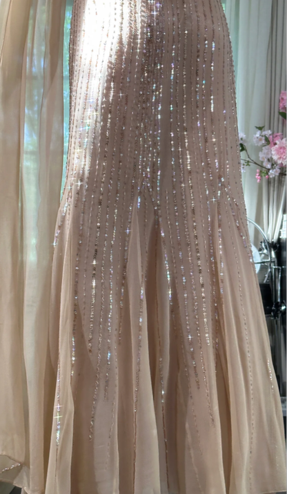 Sparkly Spaghetti Straps Chiffon Sequin Beaded Mermaid Long Party Dress Wedding Guest Dress D2098