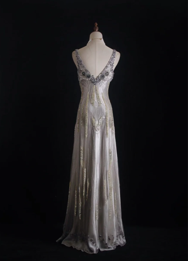 Glitter Silver Satin Sequin Beaded Mermaid Long Party Dress Formal Birthday Evening Dress D2002