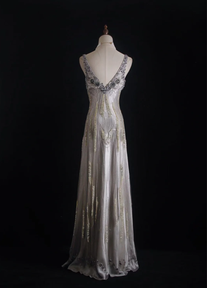 Glitter Silver Satin Sequin Beaded Mermaid Long Party Dress Formal Birthday Evening Dress D2002