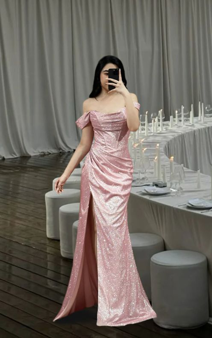 Shiny Baby Blue Off the Shoulder Satin Sequin Mermaid Slit Prom Dress Long Birthday Evening Dress SP1733