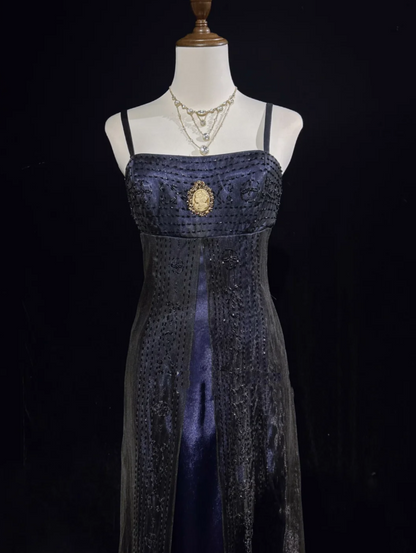 Gorgeous Spaghetti Straps Navy Blue Satin Beaded Long Party Dress Evening Dresses D1845