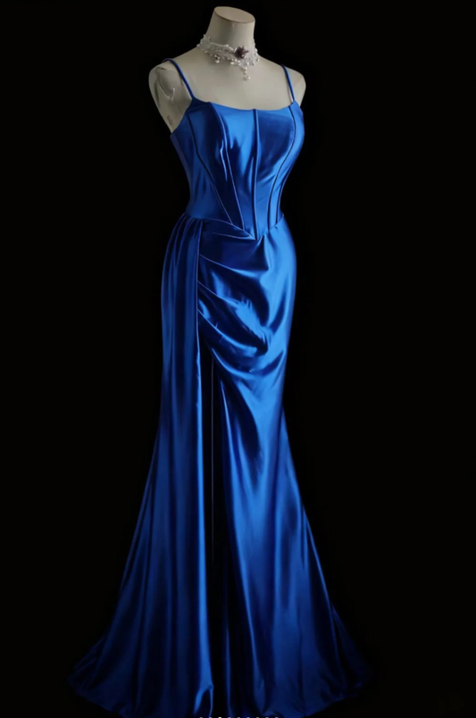 Classy Blue Spaghetti Straps Satin Pleated Mermaid Long Party Dress Birthday Prom Dresses SP1201