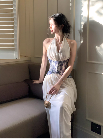Unique Halter V Neck White Chiffon Pleated Long Prom Dress Birthday Evening Dress D2185