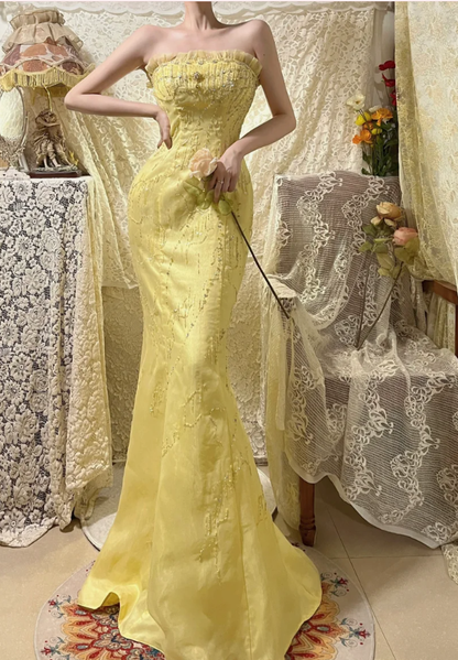 Sweet Strapless Yellow Tulle Satin Beaded Mermaid Long Prom Dress Birthday Party Gown