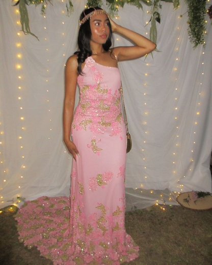 Charming One Shoulder Pink Satin Lace Sequin Mermaid Long Party Dress Formal Long Wedding Guest Dress SP1346